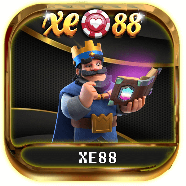 XE88 logo with cartoon king holding magic book