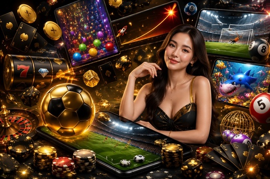 Woman in black dress surrounded by casino elements, sports, and game screens