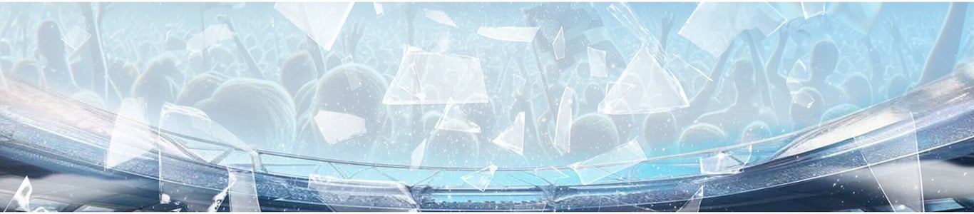 Wide banner showing stadium crowd with shattered glass effect
