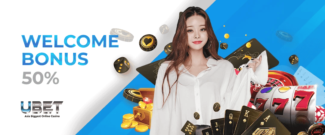 Promo graphic for 50% welcome bonus with woman and casino symbols