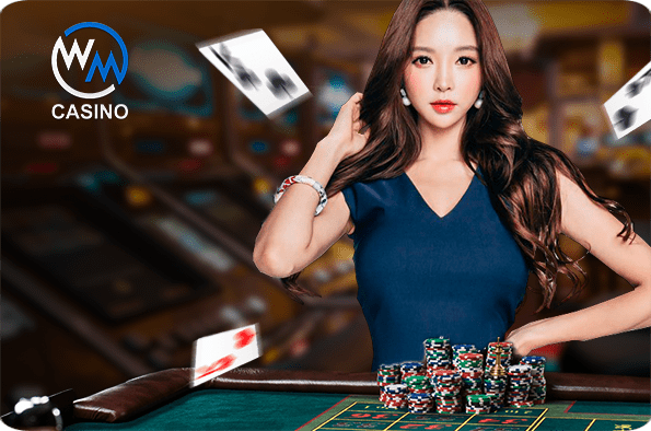Live dealer casino banner with WM Casino logo and a woman at a poker table.
