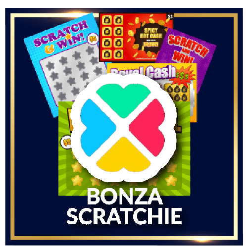 Colorful scratch card game promotion with Bonza Scratchie logo