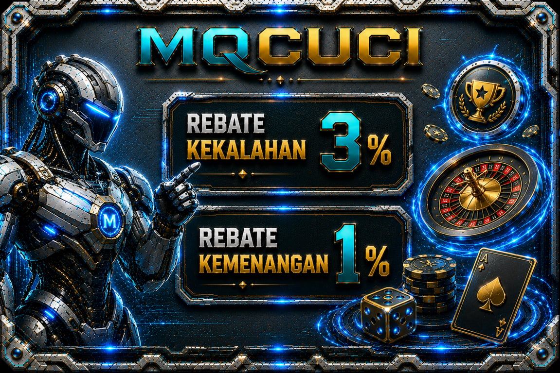 Promotional graphic for MQCUCI with robot, 3% loss rebate, and 1% win rebate.