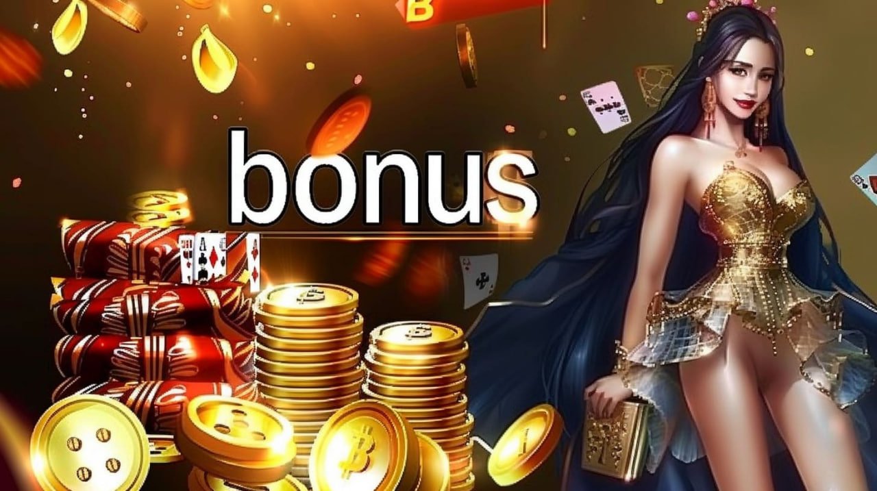 Promotional graphic with the word 'bonus', stacks of coins, gift boxes, and a woman in a gold dress.