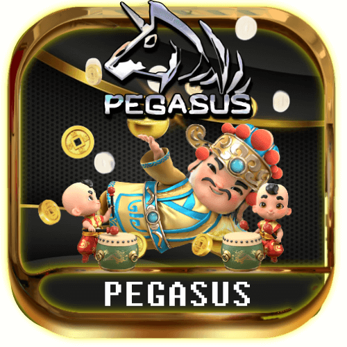 Pegasus logo with cartoon figure and horse head emblem