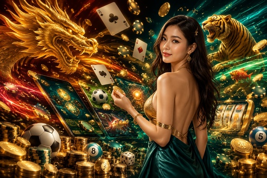 Woman in green dress with golden dragon, tiger, coins, and game symbols