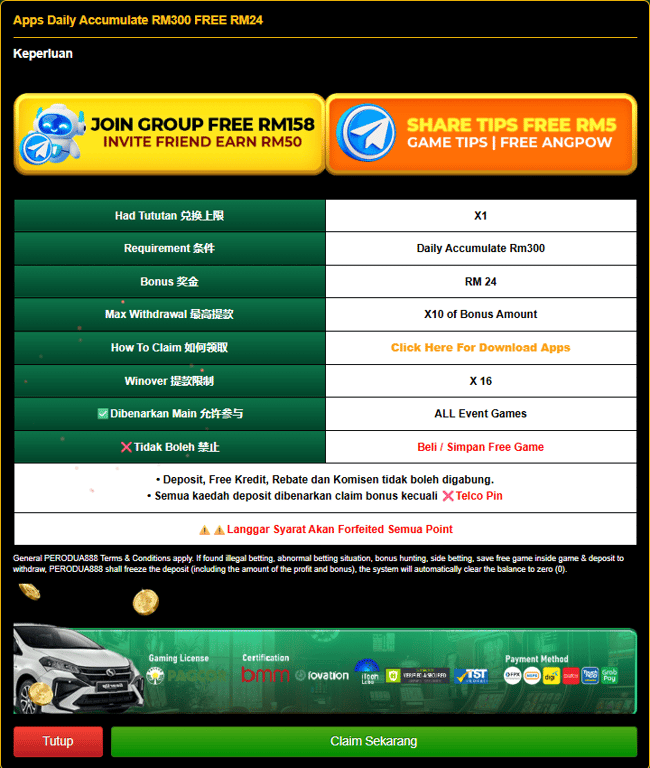 Perodua888 Apps Daily Accumulate RM300 FREE RM24