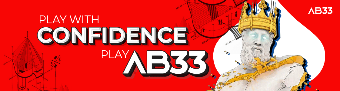 Red banner with 'PLAY WITH CONFIDENCE PLAY AB33' text and king illustration