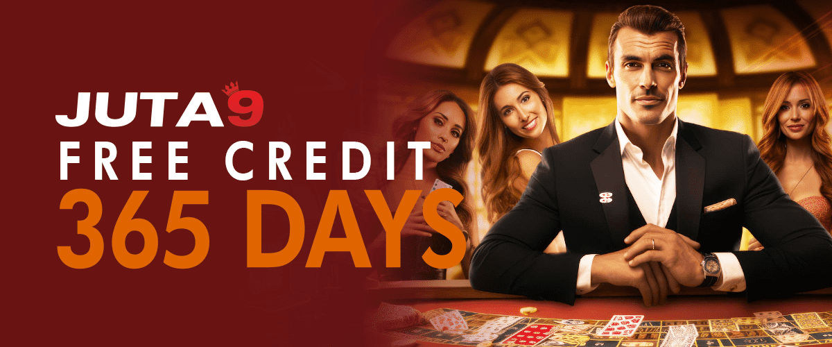 JUTA9 logo with free credit 365 days offer and man at casino table