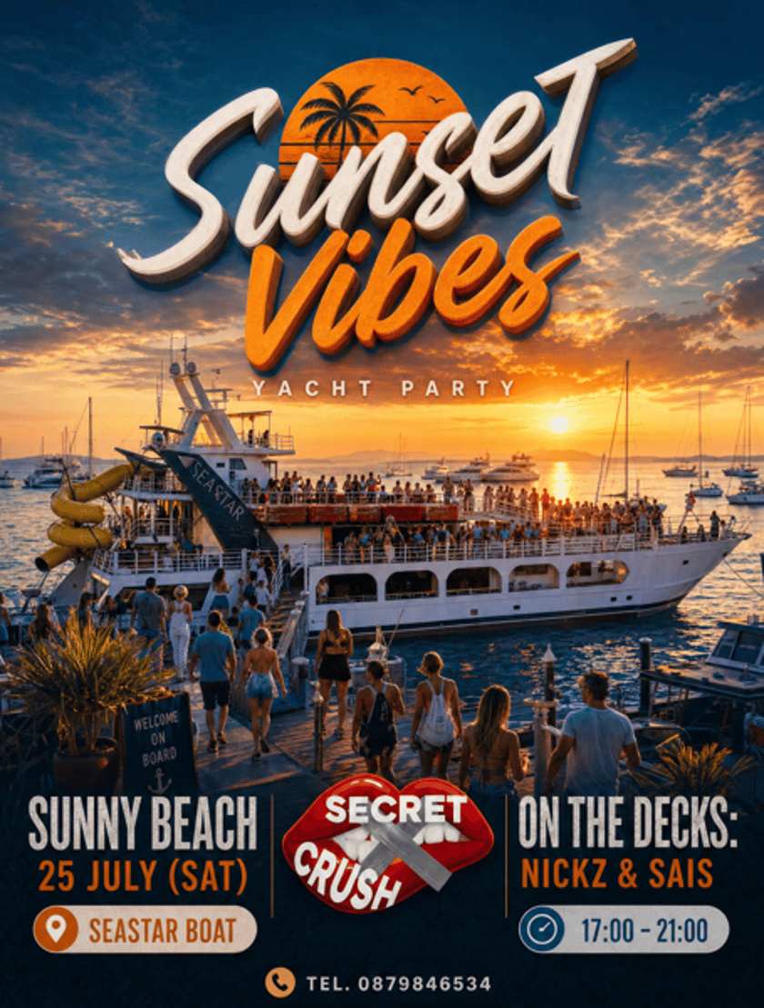 25.07 SECRET CRUSH SUNSET VIBES YACHT PARTY Sunny Beach  🌅