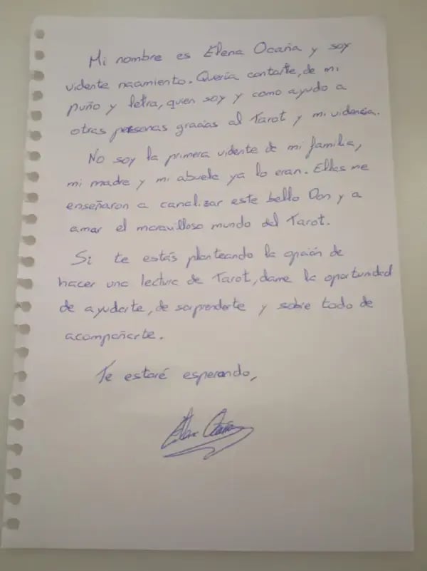 Carta escrita a mano por Elena Ocaña, tarotista buena