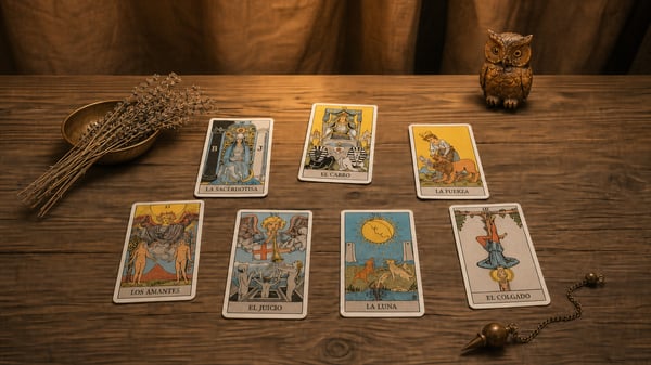 Tirada de cartas de tarot sobre la mesa en una consulta de tarot fiable