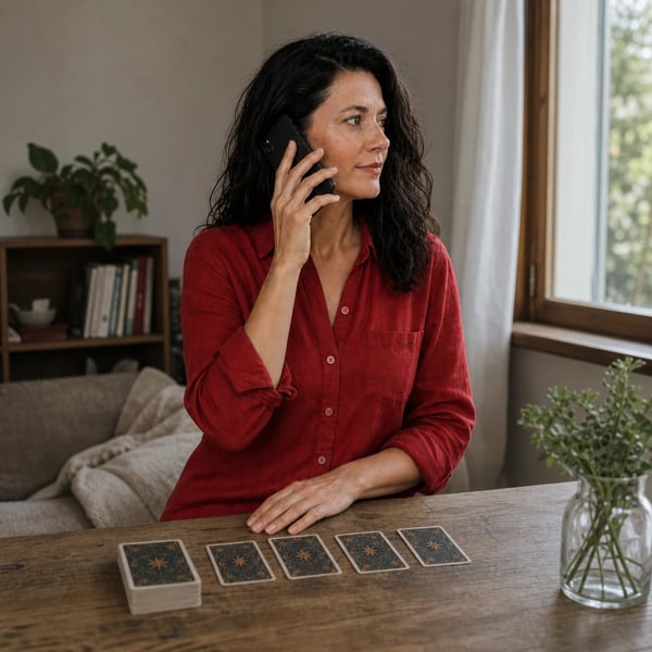 Charo Robles atendiendo el teléfono desde casa