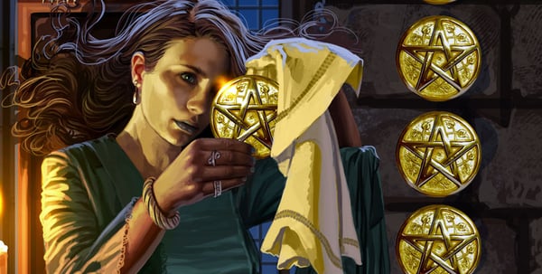 Ilustración de una bruja sosteniendo un pentáculo dorado luminoso