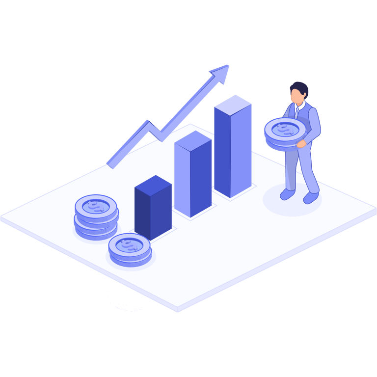 Optimized fulfillment process with reduced operational costs, represented by a business figure holding a coin, declining cost bars, and a profitability increase symbolizing improved efficiency in order management.