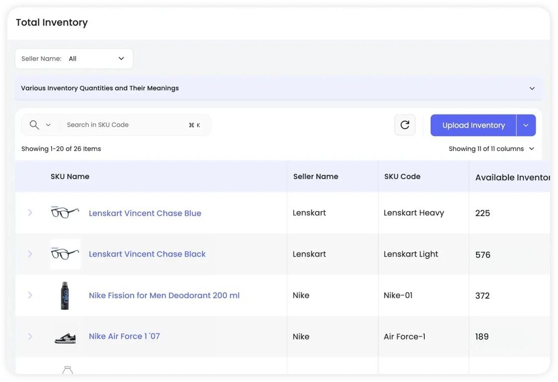 Omniful dashboard with real-time stock updates, multi-location inventory, and predictive stock alerts for efficient inventory management.