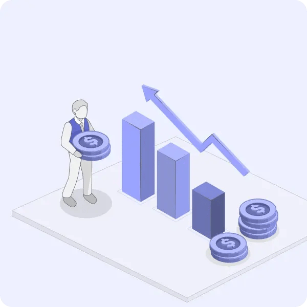 Optimized fulfillment process with reduced operational costs, represented by a business figure holding a coin, declining cost bars, and a profitability increase symbolizing improved efficiency in order management.