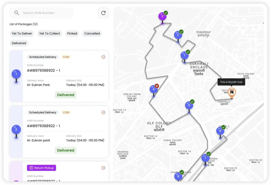 Omniful smart route planning with real-time traffic integration, zone-based delivery optimization, and heat mapping of high-demand areas for efficient last-mile delivery.