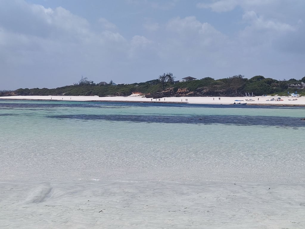 Shallow turquoise water facing a white beach and green shoreline