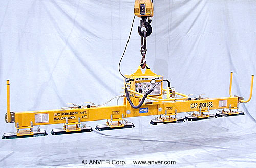 ANVER VPE1-HD + L300M6-118FX-OC electric powered vacuum generator with six pad lifting frame (six oval cups inline) for lifting & handling metal plate 12 ft x 4 ft (3.7 m x 1.2 m) up to 3000 lb (1361 kg)