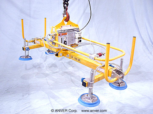 ANVER VPF-57-AC + L100M4-61-2/24 electric powered vacuum generator with four pad custom lifting frame and generator cross mounting adapter for lifting & handling glass panes 6 ft x 3 ft (1.8 m x 1.0 m) up to 1000 lb (454 kg)