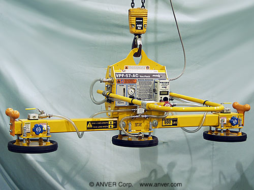 ANVER VPF-57-AC + L90M3-61FP electric powered vacuum generator with three pad lifting frame for lifting & handling stone slabs 8 ft x 6 ft (2.4 m x 1.8 m) up to 900 lbs (408 kg)