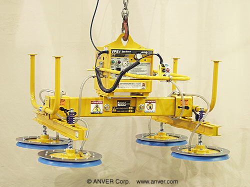 ANVER E400M4-48-2/44 electric powered vacuum generator with four pad lifting frame for lifting & handling smooth glass 7 ft x 7 ft (2.1 m x 2.1 m) up to 4000 lbs (1814 kg)