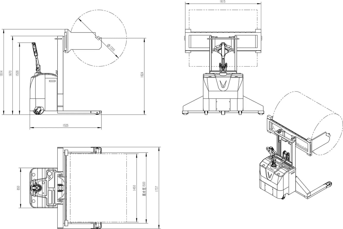 Bản vẽ kích thước xe nâng cuộn nằm ngang
