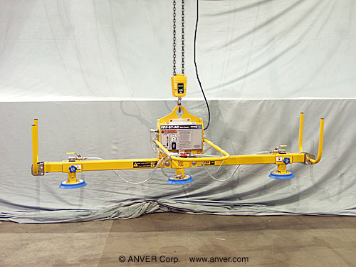 ANVER VPF-57-AC + L75M3-86 electric powered vacuum generator with three pad lifting frame for lifting & handling metal sheet 10 ft x 5 ft (3.0 m x 1.5 m) up to 750 lb (340 kg)