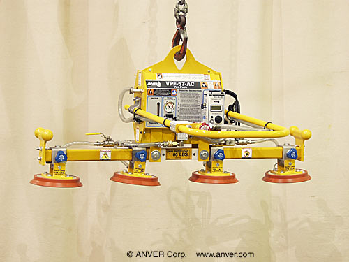 ANVER VPF-57-AC + PA90-4-48-3-SI electric powered vacuum generator with four pad inline attachment for lifting & handling loads up to 1100 lb (499 kg)