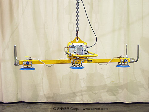 ANVER VPF-57-AC + L150M3-110 electric powered vacuum generator with three pad lifting frame: lifting & handling aluminum blocks 12 ft x 6 ft (3.6 m x 1.8 m) up to 1500 lb (680 kg)