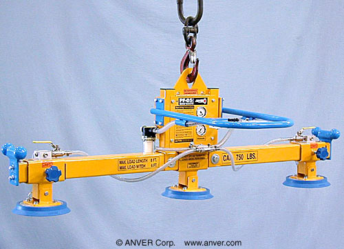 ANVER A75M3-61 three pad air powered vacuum lifter: lifting & handling metal sheet and plate 8 ft x 5 ft (2.4 m x 1.5 m) weighing up to 750 lb (340 kg)
