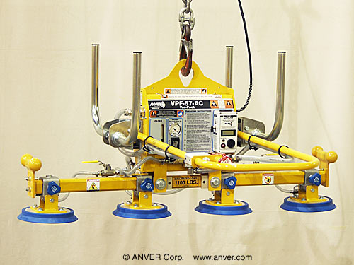 ANVER VPF-57-AC + PA90-4-48-3-SP electric powered vacuum generator with four pad inline attachment for lifting & handling loads up to 1100 lb (499 kg)