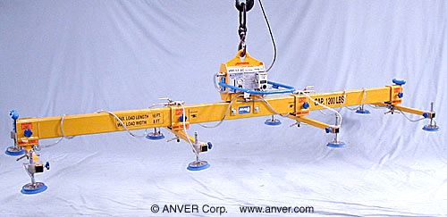 ANVER VPF-57HD-AC + L120M8-190-4/44 electric powered vacuum generator with eight pad lifting frame: lifting & handling steel sheet 20 ft x 8 ft (6.1 m x 2.4 m) up to 1200 lb (544 kg)