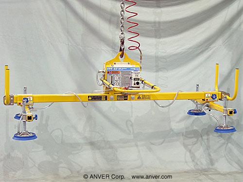 ANVER VPF-57/20-AIR + L100M4-86-2/44 air powered vacuum generator with four pad lifting frame for lifting & handling steel sheet 6 ft x 12 ft (1.8 m x 3.7 m) up to 1000 lb (454 kg)