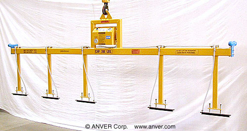 Thiết bị nâng chân không chạy khí nén 5 mặt hút ANVER nâng thanh cái đồng rộng 2″ đến 6″ (51 mm đến 152 mm), dài 12 ft (3.7 m), nặng đến 200 lbs (91 kg)