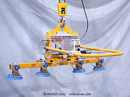 ANVER VPF-57-AC + PA70-4-48-3 electric powered vacuum generator with four pad inline attachment for lifting & handling metal boxes up to 6 ft (1.8 m) weighing up to 600 lb (272 kg)