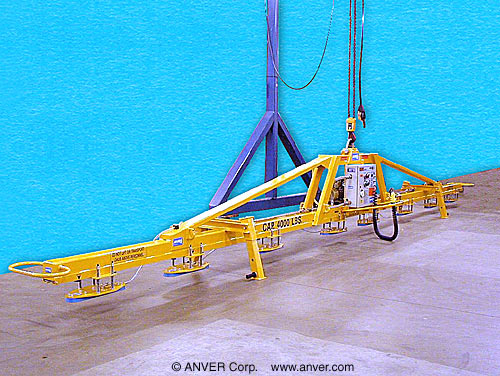 ANVER E400M8-366A electric powered vacuum generator with eight pad inline lifting frame for lifting & handling aluminum billets 33 ft x 2 ft (10.0 m x 0.6 m) up to 4000 lb (1814 kg)