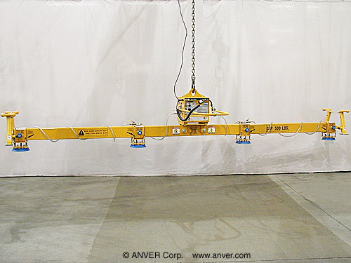 ANVER E50M4-190 electric powered vacuum generator with four pad inline vacuum lifting frame for lifting & handling molybdenum sheets 20 ft x 3 ft (6.2 m x 0.9 m) up to 500 lbs (227 kg)