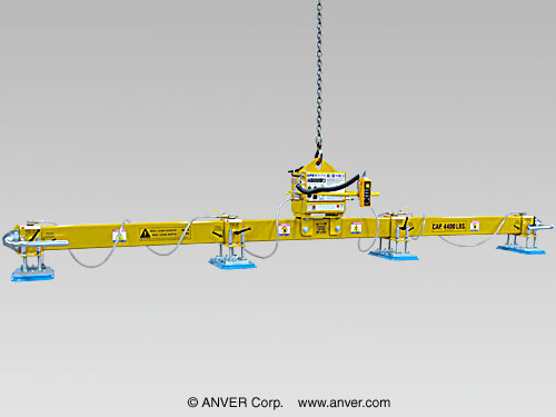ANVER VPE1 + L440M4-190 electric powered vacuum generator with four pad lifting frame (four rectangular pads inline) for lifting & handling steel sheets 20 ft x 6 ft (6.2 m x 1.8 m) up to 4400 lb (1996 kg)