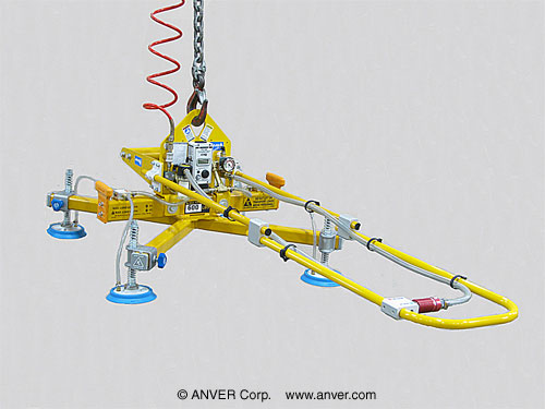 ANVER VPFL4-20-AIR + L60M4-2/48X air powered vacuum generator with custom four pad lifting frame for lifting & handling metal sheets 8 ft x 8 ft (2.4 m x 2.4 m) up to 600 lbs (272 kg)