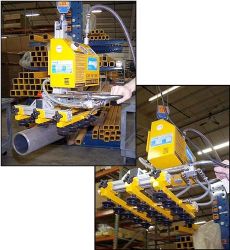 ANVER custom air powered vacuum lifter with 15 bellows vacuum cups for handling up to three pipes 3 in. to 4.5 in. (76 mm to 114 mm) in diameter weighing up to 150 lb (68 kg)