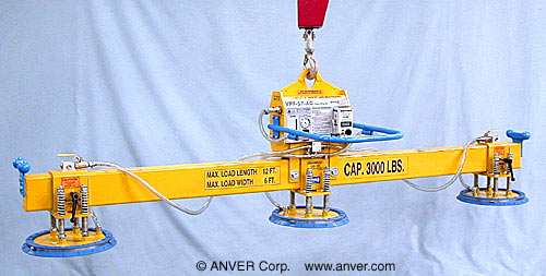 ANVER VPF-57HD-AC + L300M3-110 electric powered vacuum generator with three pad lifting frame: lifting & handling aluminum sheet and plate, 12 ft x 6 ft (3.6 m x 1.8 m) up to 3000 lb (1361 kg)