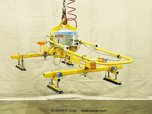 ANVER VPF-57/30-AIR + 76500071 + GCMA-1 air powered vacuum generator with four pad lifting frame, generator cross mounting adapter kit and handlebar extension kit for lifting & handling non-porous, smooth, flat loads 10 ft x 6 ft (3.1 m x 1.8 m) up to 550 lbs (250 kg)