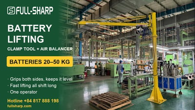 Battery lifting in the factory: clamp tools, air balancers, rails