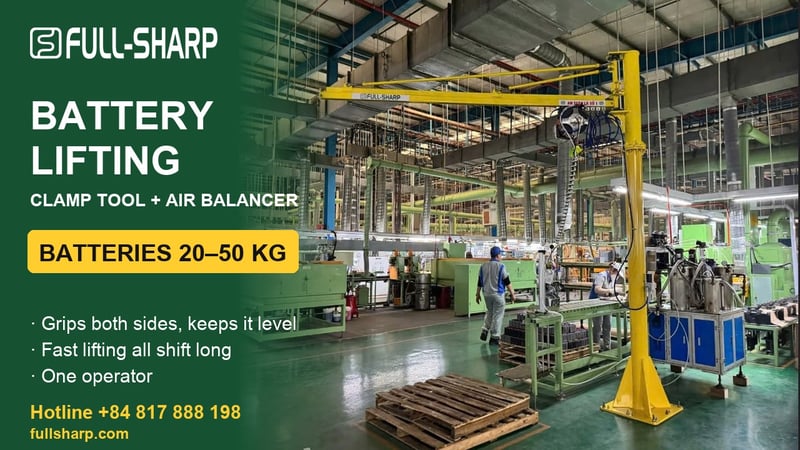 Battery lifting in the factory: clamp tools, air balancers, rails