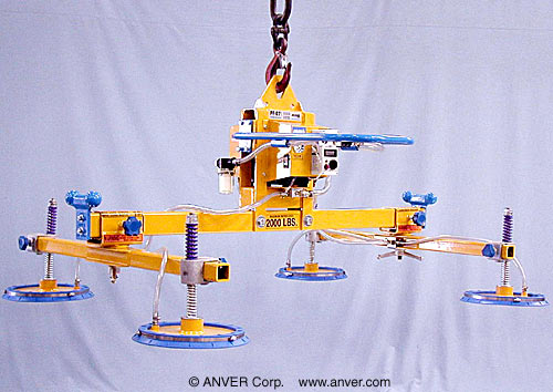 ANVER E200M4-61-2/44 four pad electric powered vacuum lifter: lifting & handling aluminum sheet 10 ft x 6 ft (3.0 m x 1.8 m) weighing up to 2000 lb (907 kg)
