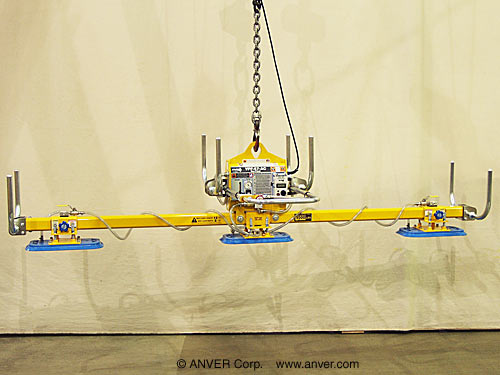 ANVER VPF-57-AC + 76500329 electric powered vacuum generator with custom three pad lifting frame for lifting & handling aluminum pieces 12 ft x 5 ft (3.7 m x 1.5 m) up to 1500 lbs (680 kg)