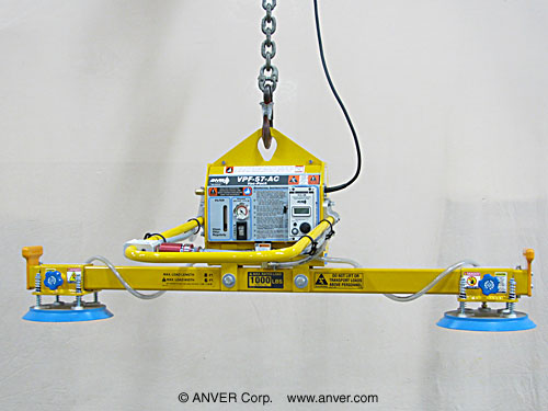 ANVER VPF-57-AC + L100M2-61 electric powered vacuum generator with two pad lifting frame: lifting & handling steel sheet 8 ft x 6 ft (2.4 m x 1.8 m) up to 1000 lb (454 kg)