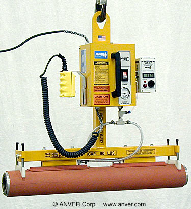 ANVER two pad electric powered vacuum lifter with oval cups for lifting rubber covered rolls 4.5″ diameter (114 mm) x 40″ long (1016 mm)